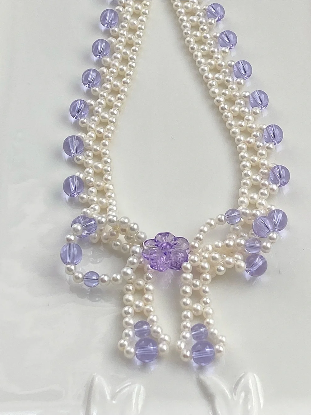 GP88-Handmade Braided High Quality Round Baby Pearl And Amethyst Bow Necklace